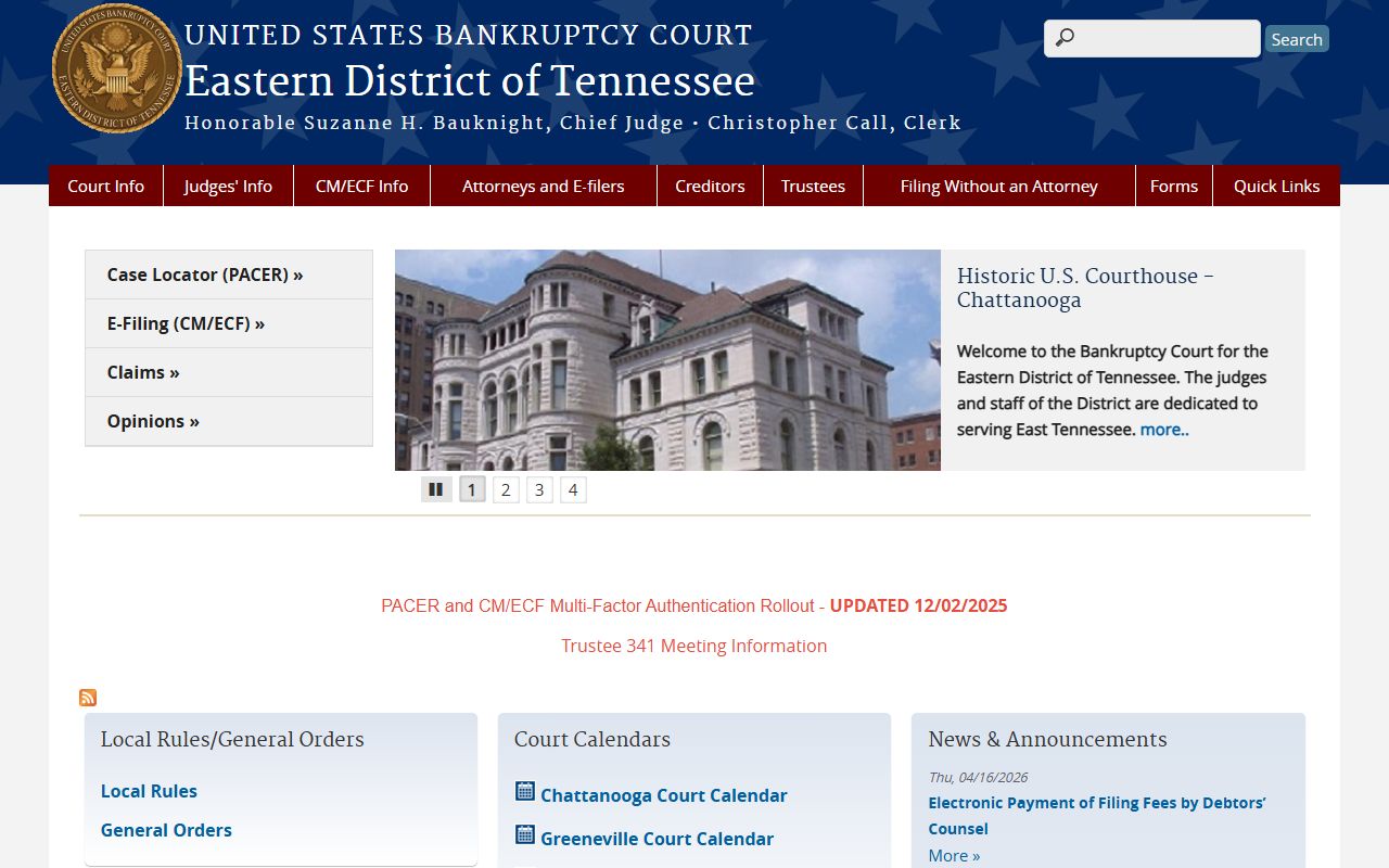 Eastern District of Tennessee bankruptcy court site for Knox County federal cases