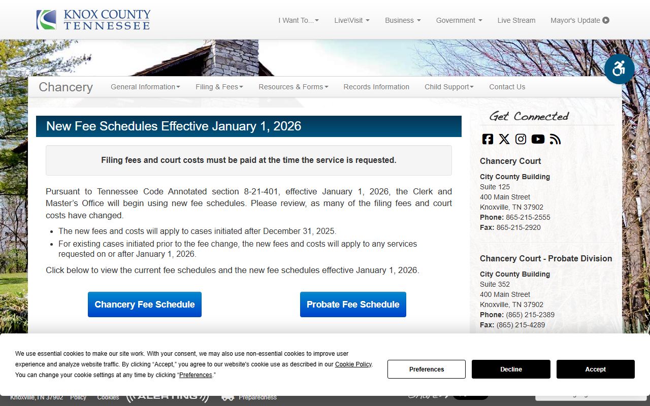Knox County Chancery Court fee schedule page for the Clerk and Master