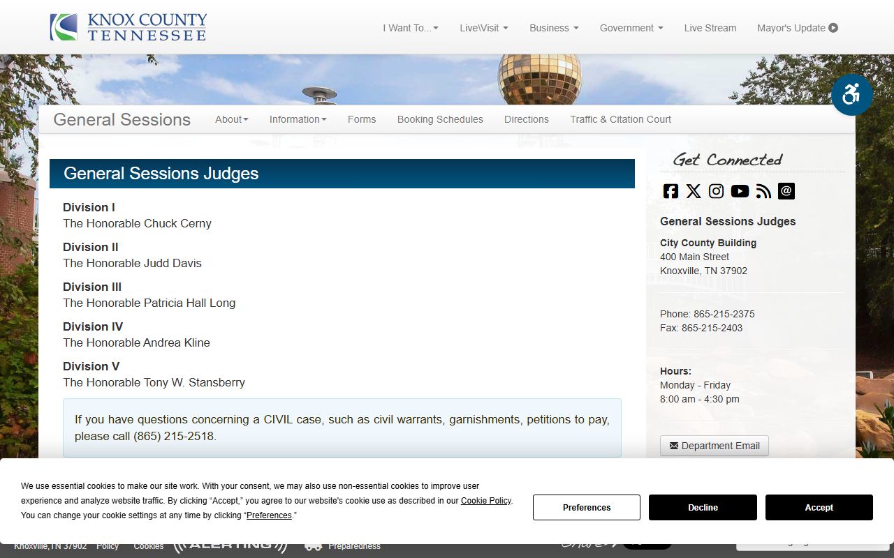 Knox County General Sessions Judges page tied to the court clerk offices