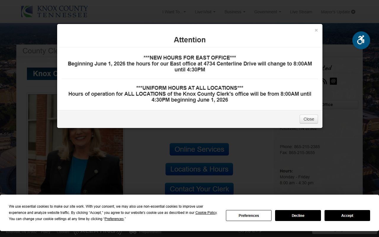Knox County Clerk homepage related to court records and dockets