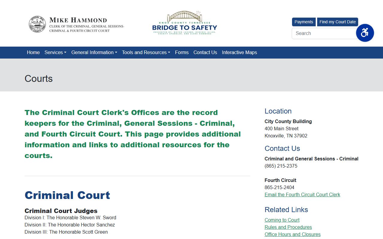 Knox County Criminal Court Clerk court page listing judges and divisions