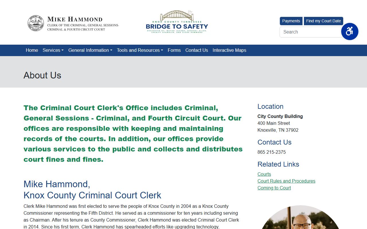 Knox County Criminal Court Clerk about page describing departments and records