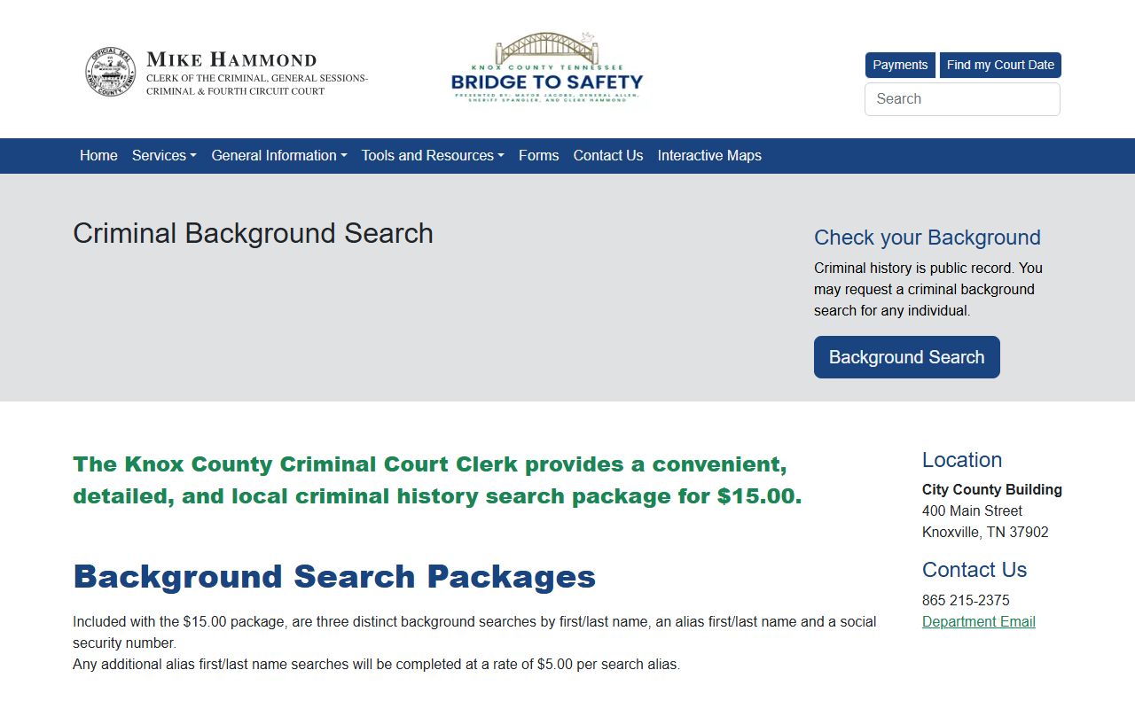 Knox County Criminal Court Clerk background search service for court cases