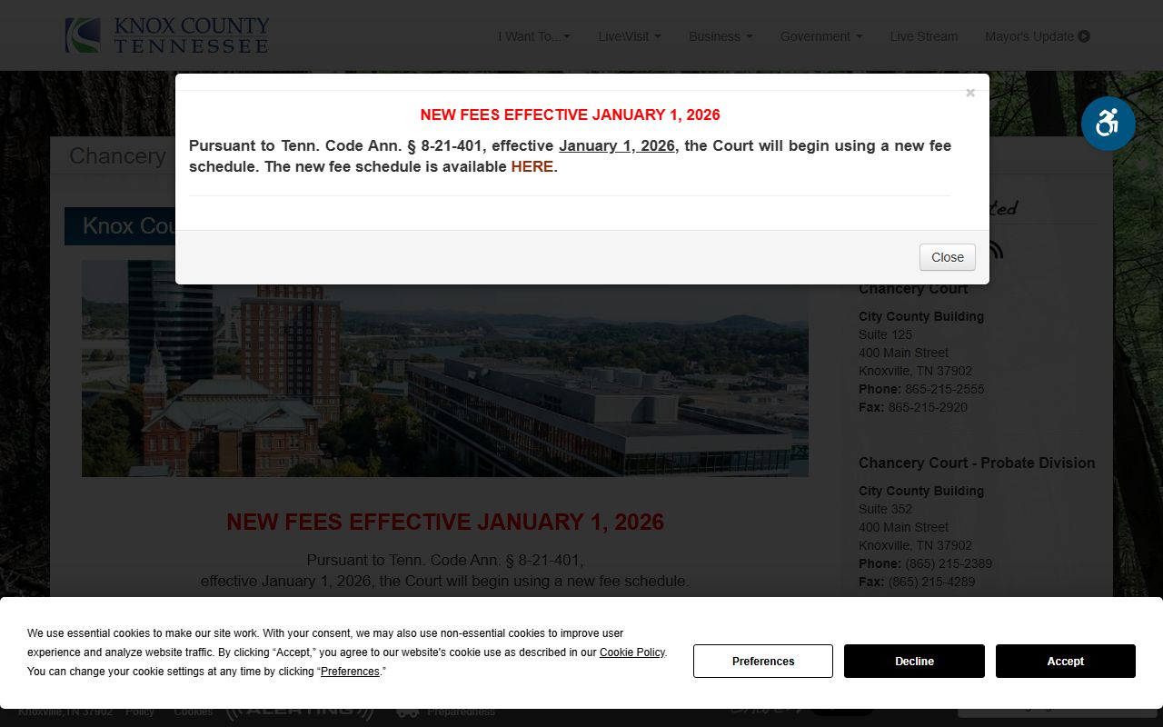 Knox County Chancery Court page with filing, fees, and records resources