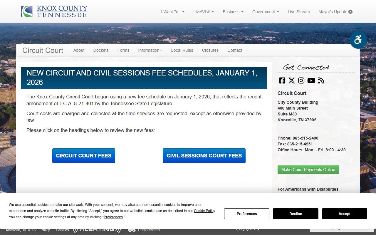 Knox County Circuit and Civil Sessions fee schedule page