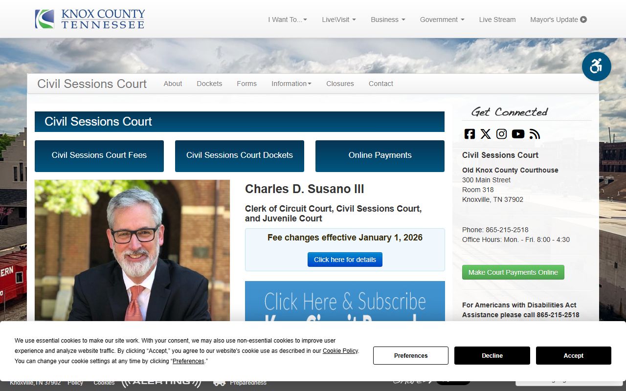 Knox County Civil Sessions Court page with small claims and Help Center information