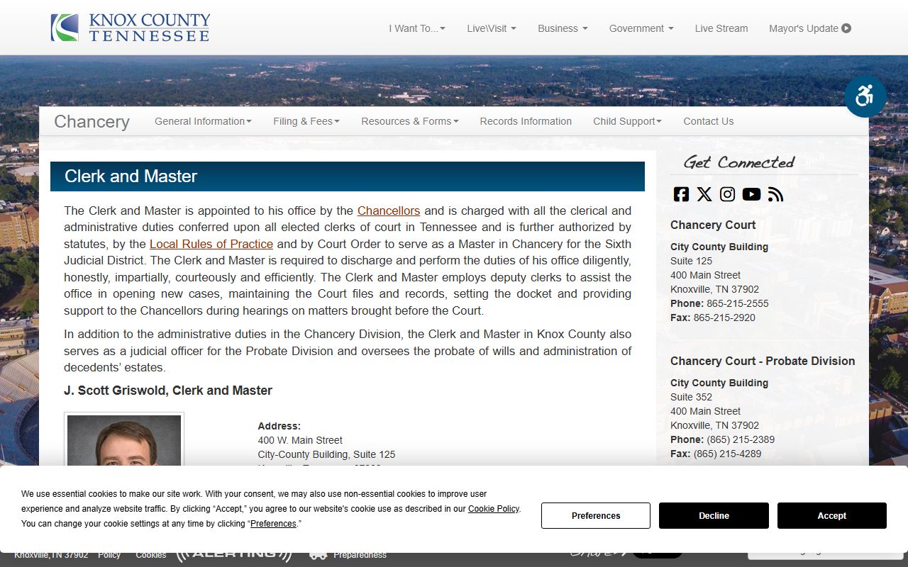 Knox County Clerk and Master page describing the Chancery Court clerk role