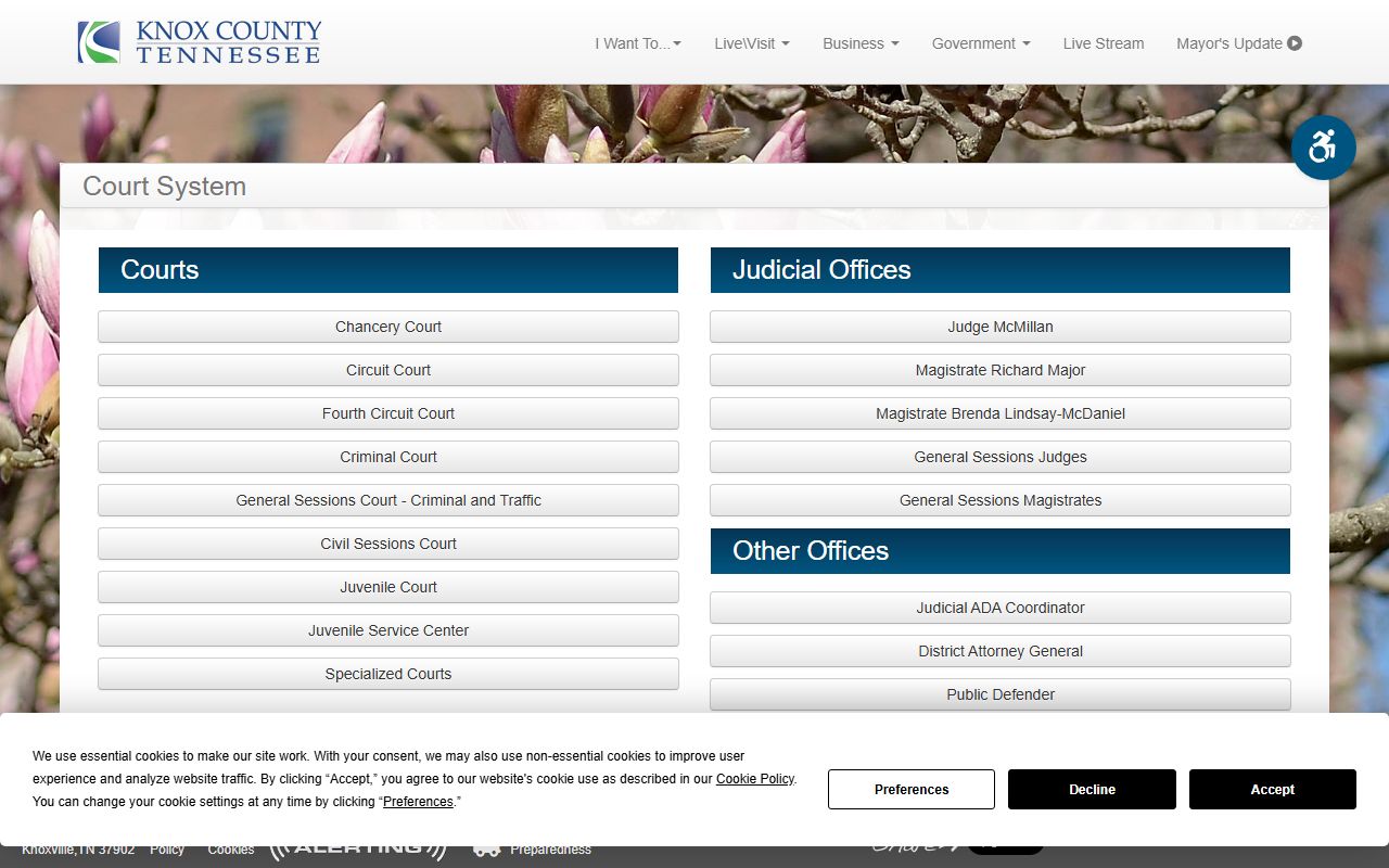 Knox County Court system landing page listing courts and records offices