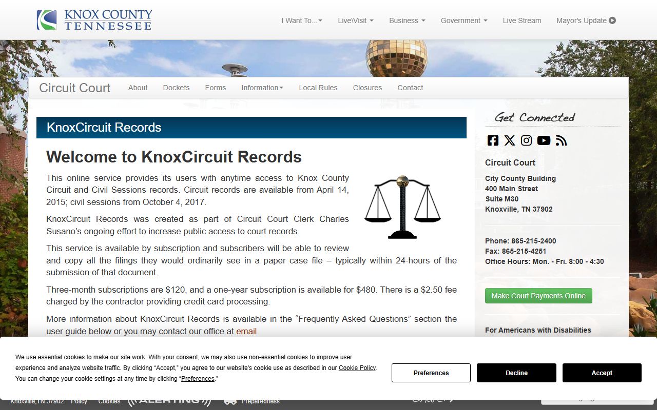 KnoxCircuit Records subscription page for Circuit and Civil Sessions filings