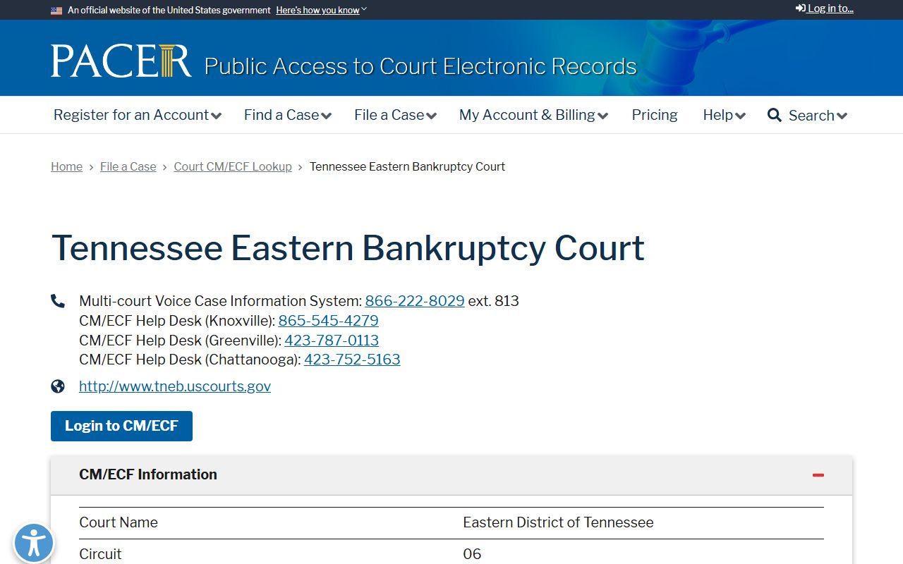PACER lookup for Tennessee Eastern Bankruptcy Court related to Knox County