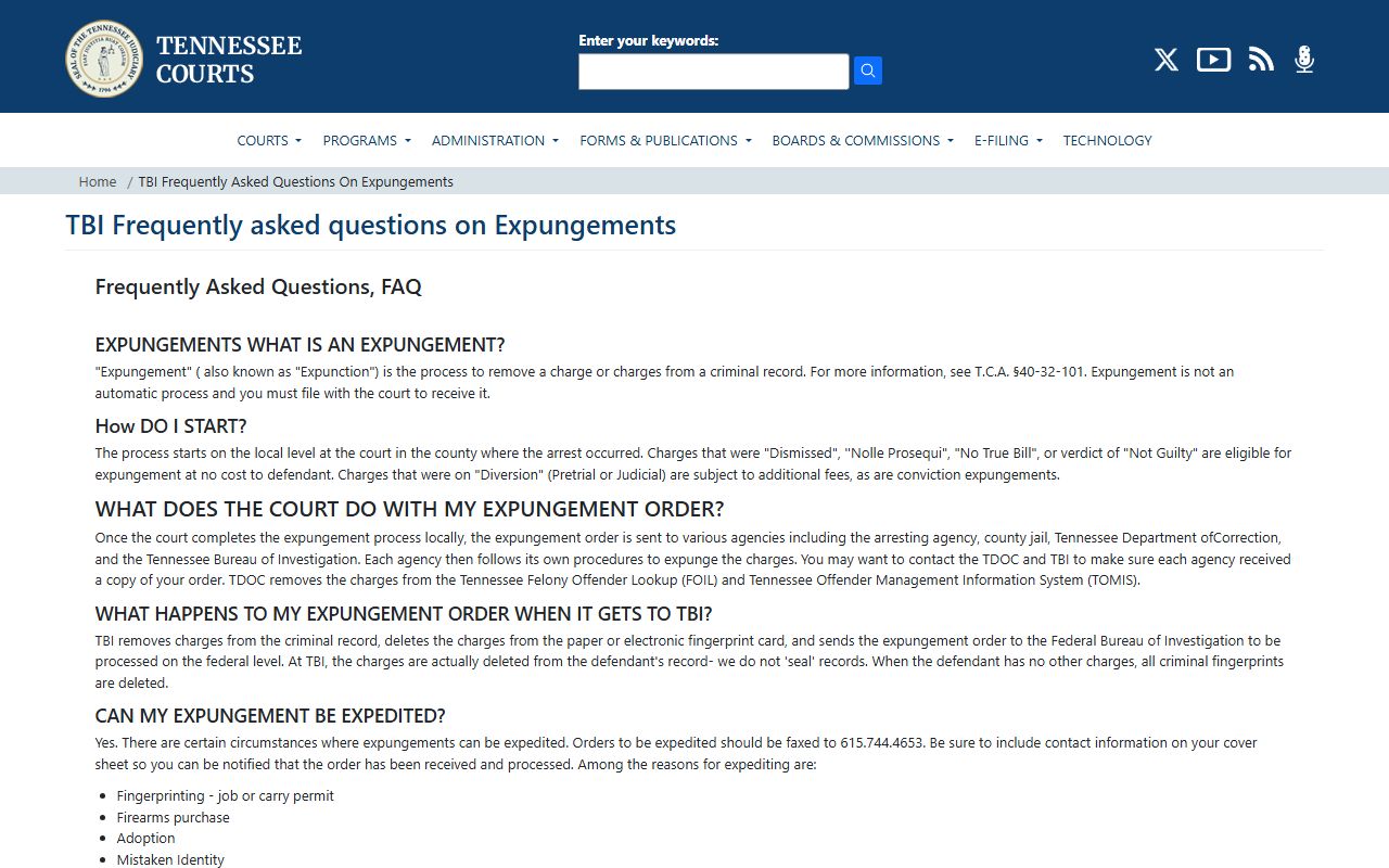 TBI and AOC expungement FAQ for Tennessee court records