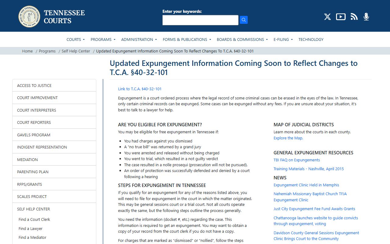 Tennessee AOC expungement guidance related to restricted court records