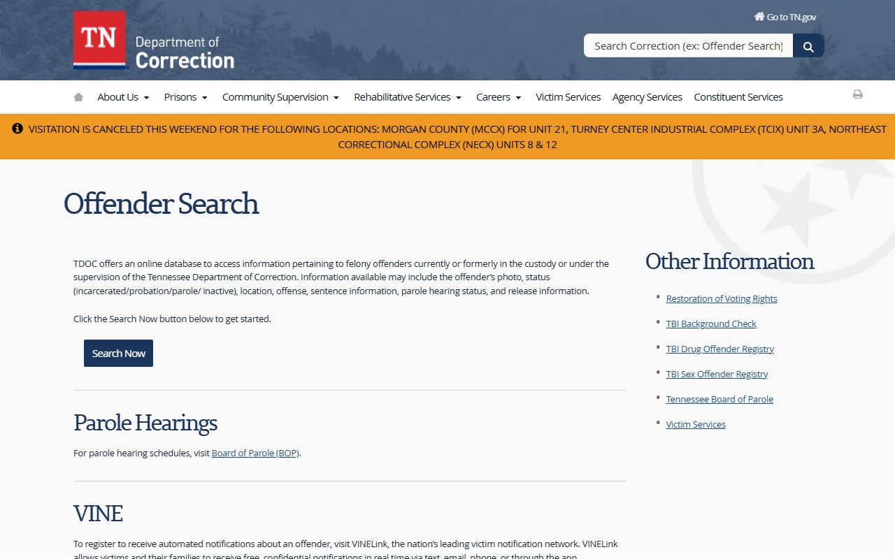 Tennessee Department of Correction FOIL offender search overview for Knox County released inmates