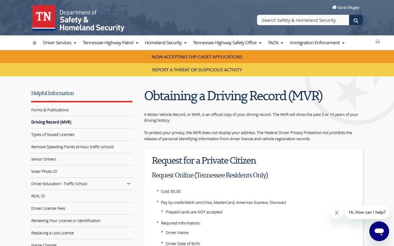 Tennessee motor vehicle record page for driving history after release