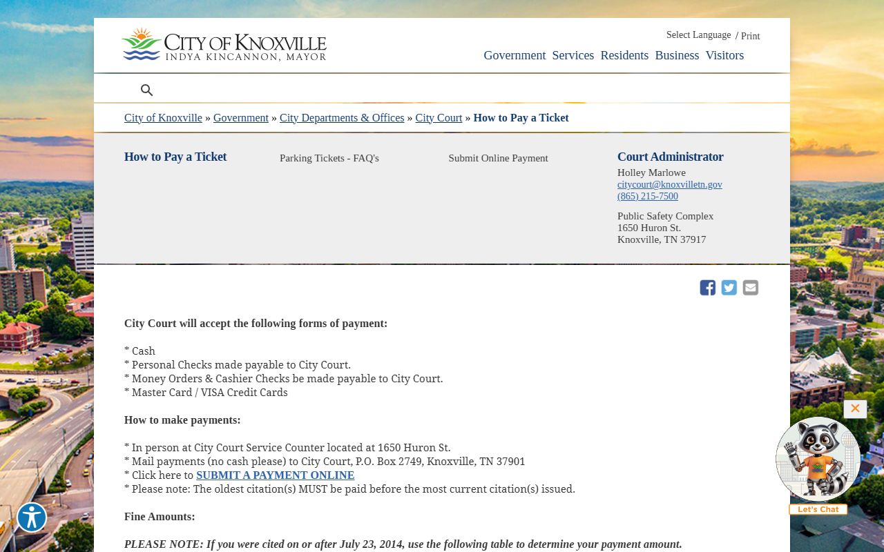 Knoxville City Court ticket payment page for Knox County traffic records