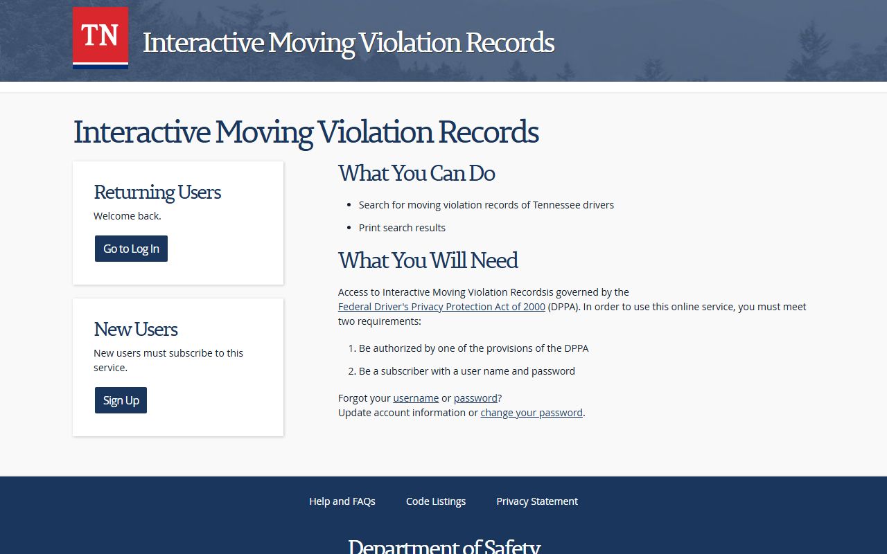 Tennessee Interactive Moving Violation Records portal related to Knox County traffic records