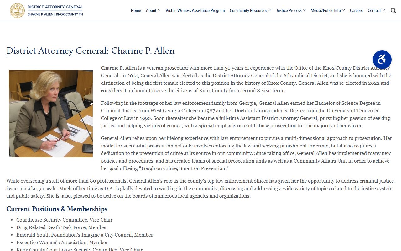 Knox County District Attorney Charme Allen biography page
